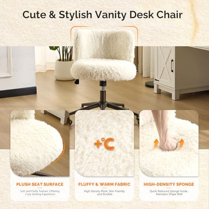 VINGLI Plush Upholstery Vanity Desk Chair with Curved Back & 90-102° Tilt &Adjustable Height, Cute Rolling Chair with Bronze Base & Golden-Bronze 360° Swivel Wheels for Makeup &Home Office,White Cream - color: White Cream
