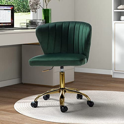 TINA'S HOME Office Desk Chairs with Wheels & Gold Base, Modern Velvet Cute Armless Office Chair, Adjustable Low Back Swivel Rolling Chair, Upholstered Task Chair for Living Room Vanity Study-Green | Modern Velvet Cute Armless Office Chair, Adjustable Low