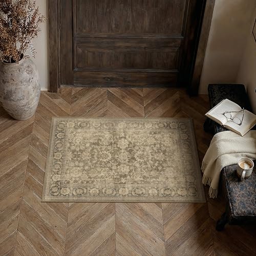 2x3 Brown Washable Entryway Area Rug Vintage Distressed | Retro, Non Slip, Soft Low Pile, Small Carpet for Kitchen, Door Mat, Bathroom, Office, Indoor Home Decor - color: Brown, size: 2' x 3' (Rectangular)