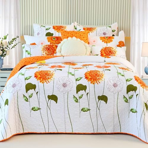 EVENHUG 100% Cotton Quilt Set Twin Size Orange Sunflower Floral Bedding Sets with Pillow Shams Breathable Lightweight Bedspreads Coverlet for All Season 3 Piece (68"x86") - color: Orange, size: Twin