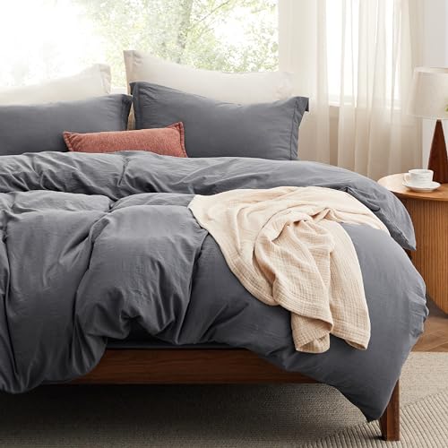 Bedsure Prewashed Duvet Cover Full with Fitted Sheet, 4Pcs, Dark Grey | 4-Piece Set, 15-Inch Deep Pocket, Ultra Soft, Relaxed Texture, Breathable, Zipper Closure, 8 Corner Ties, Easy Care - color: 01 - Dark Grey (No Comforter), size: Full (With Fitted She