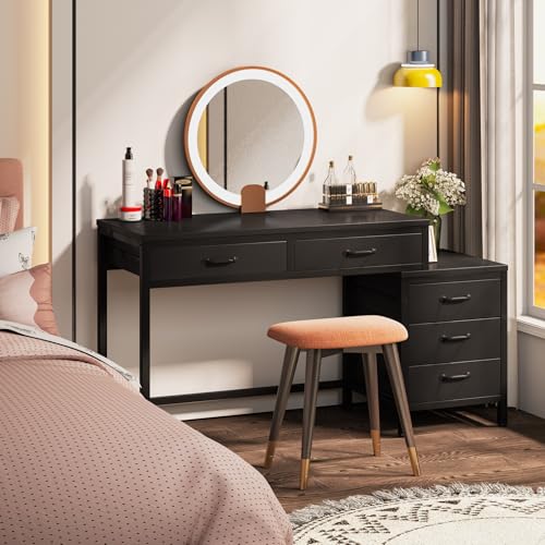 Tribesigns Computer Desk with 5 Drawers, Reversible Home Office Desks | Small Desk with Drawer Cabinet Printer Stand, PC Desk with Storage, Black Study Writing Table Workstation for Small Spaces - color: Black