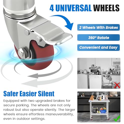 KUARBARR Stainless Steel Table with Wheels 30 x 18 Inch NSF Commercial Stainless Steel Metal Prep Table for Restaurant Kitchen Garage - color: Table With Wheels, size: 18"x30"