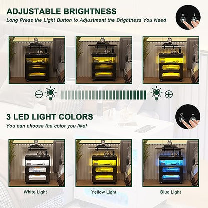 HNEBC LED Nightstand Set of 2 with Charging Station & Adjustable Overbed Desk, 3 Color LED Lights & Body Sensor, Mobile Bedside Table with Wheels, 2 Drawers & Open Shelf for Bedroom (Black) - color: 9603-2-black