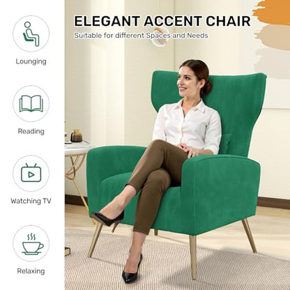 Nebuaegis Velvet Accent Chair Wingback for Living Room, High Back Arm Chair with Golden Legs Lumbar Pillow, Upholstered Single Sofa Bedroom Green - color: Green, size: Set of 1