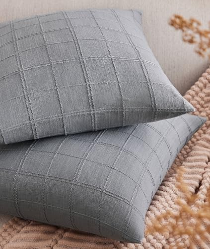 Linen Checked Throw Pillow Covers Set of 2, 20x20 Inch Allover Grid Blue Ashes, Farmhouse Decorative Double Sided Grid Embroidered Couch Pillow Cases Blue Cotton Linen Cushion Covers - color: Allover Grid Blue Ashes, size: 20" x 20" (Pack of 2)