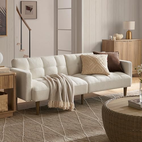 mopio 76.4" Futon Sofa Bed Tufted Styled, Sleeper Couch (Pearl White Boucle) - color: Aaron, Pearl White Boucle