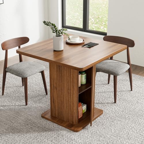 Small Square Dining Table for 2-4, 31.5 Inch Farmhouse Kitchen Table with 2-Tier Storage Shelf, Modern Wood Dinner Furniture with Fluted Doors, Dining Room, Living Room, Space Saving, Walnut - color: Walnut-square-1 Door, size: Small Square