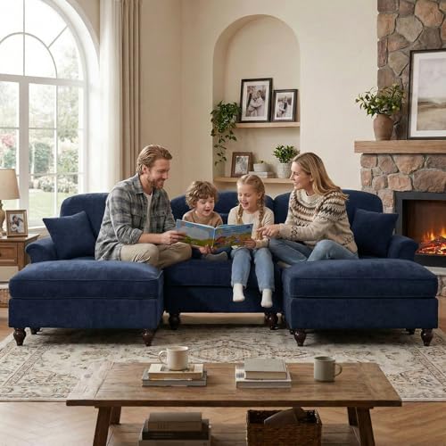 Modular Sectional Sofa Couch, Comfy Chenille Sofa with Removable Ruffled Skirt, Flared Armrests, Sturdy Legs, Convertible Sectional for Living Room, Bedroom, Apartment (Blue) - color: Blue, size: 107.1 Inch U