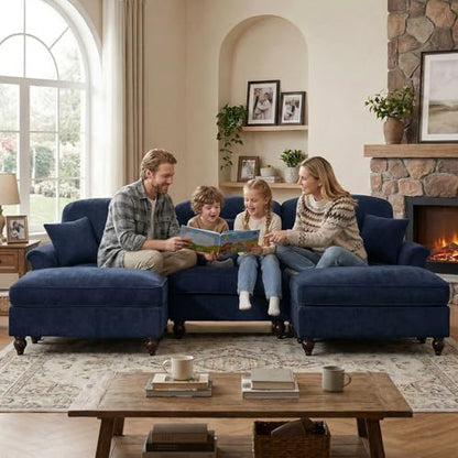 Modular Sectional Sofa Couch, Comfy Chenille Sofa with Removable Ruffled Skirt, Flared Armrests, Sturdy Legs, Convertible Sectional for Living Room, Bedroom, Apartment (Blue) - color: Blue, size: 107.1 Inch U