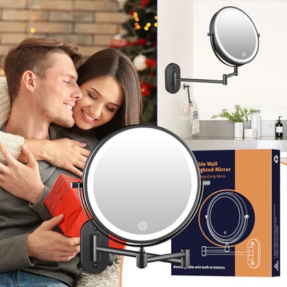 FUNTOUCH 5000mAh Rechargeable Wall Mounted Lighted Makeup Mirror 1X30X | Double Sided 1X 30X Magnifying, 3 Color Lighting, Touch Dimming, Extended Arm 360 Rotation Light up Bathroom Mirror Black - color: Black