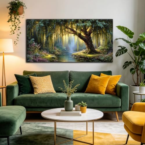 MXUNYZ Green Willow Tree Picture for Living Room Botanical Nature Painting | Large Canvas Art Print, Art Work for Living Room Walls,Modern Bedroom Home Office Decor 48x24 Inch - color: Green, size: 48"L x 24"W