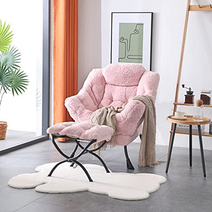 Lazy Chair with Ottoman, Comfy Accent Reading Chair, Plush Pink | Foldable Footrest,Removable Cover,with Armrests and Side Pockets,Upholstered Lounge Chair for Bedroom,Dorm,Office,Small Space - color: Plush Pink