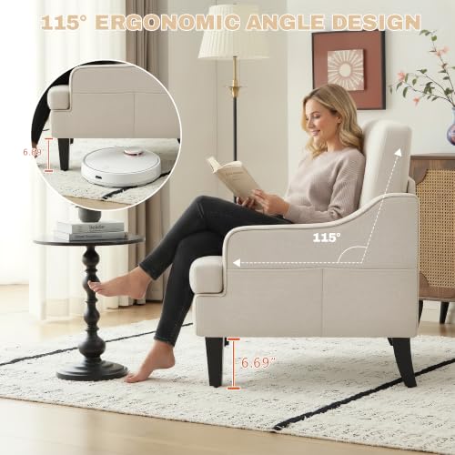Accent Chair for Living Room,Mid-Century Arm Chair Fabric Living Room Chairs,Upholstered Reading Chair for Bedroom,Single Sofa Chair with Wood Legs for Apartment (Beige) - color: Beige