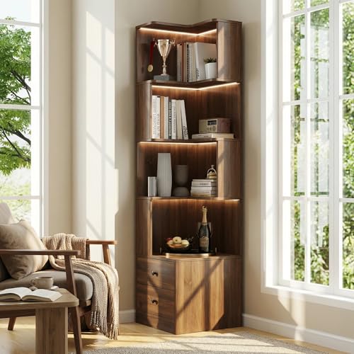 4 Tier Corner Bookshelf with Drawers, L Shaped Freestanding Corner Bookcase with LED Lights and Baffle, Space Saving Display Shelf for Living Room, Bedroom, Home Office, Kitchen(Walnut) - style: Walnut-with drawers