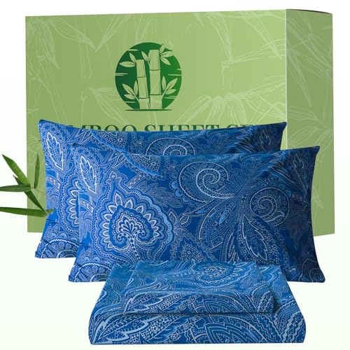 Bedlifes Twin Floral 3-Piece Sheet Set - Cooling Sheets Blend Rayon Derived from Bamboo,Soft & Breathable, Deep Pocket 16", Wrinkle Resistant - Paisley Dark Navy Blue - color: Navy Paisley, size: Twin(Bambo0)