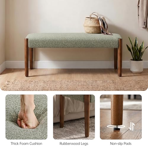 Usaint 42" End of Bed Bench with Wood Legs, Green with Walnut Leg | Modern Upholstered Bedroom Bench with Rubberwood Legs, Entryway Bench with Cushion, Dining Bench for Living Room, Bedroom - color: Green With Walnut Leg