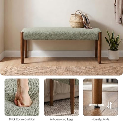 Usaint 42" End of Bed Bench with Wood Legs, Green with Walnut Leg | Modern Upholstered Bedroom Bench with Rubberwood Legs, Entryway Bench with Cushion, Dining Bench for Living Room, Bedroom - color: Green With Walnut Leg