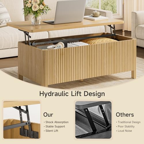 Fluted Lift Top Coffee Table with Storage, Mid Century Modern Coffee Table with Hidden Compartment, Rising Top Wood Center Table for Living Room, Home Office, Rounded Edges (Natural Oak) - color: Natural Oak