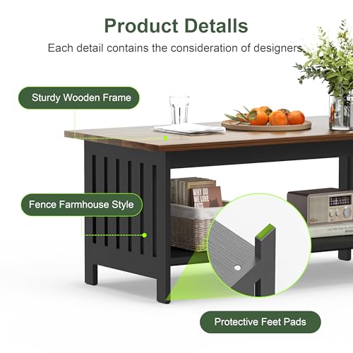 39.4" Farmhouse Coffee Table, Small Coffee Tables for Living Room | Black, 2 Tier Coffee Table with Storage, Tea Table for Living Room Bedroom Small Space - color: Black