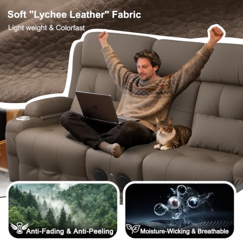 Home Theater Seating, Power Loveseat Recliner Sofa with Massage & Heat | Wall Hugger Reclining Loveseat with USB, RV Couch with LED Lights, Flip Backrest, Cup Holders for Movie Theater, Gaming Room - color: Pebbled Khaki Brown, size: 72" - 2 Seats