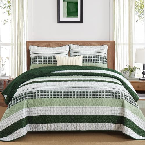 DJY Striped Quilt Set King Size, Green Boho Bedspread Set 3 Pieces Patchwork Coverlet Bedding Set Lightweight Soft Microfiber for All Season (104"x90") - color: Green, size: King