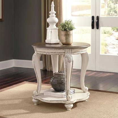 Signature Design by Ashley Realyn Round End Table, French Country, White | Ash veneer & engineered wood, Cast resin corbels, Fixed lower shelf, French country side table, White end table