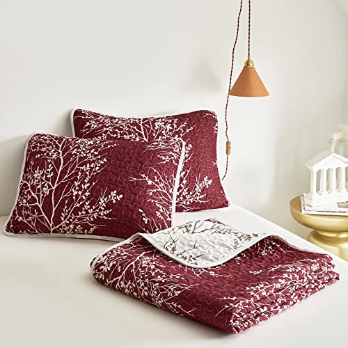 3 Pieces Christmas Quilt Set Burgundy Red Branch Queen Size 88x88 Soft Microfiber Lightweight Coverlet Bedspread New Year Holiday Bedding Set Bed Cover for All Season (1 Quilt+ 2 Shams) - color: Red Branch, size: Queen(88x88)