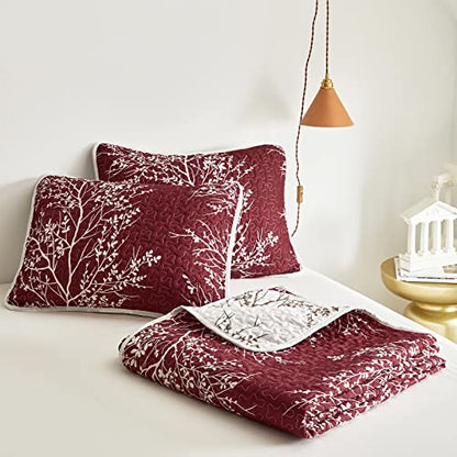 3 Pieces Christmas Quilt Set Burgundy Red Branch Queen Size 88x88 Soft Microfiber Lightweight Coverlet Bedspread New Year Holiday Bedding Set Bed Cover for All Season (1 Quilt+ 2 Shams) - color: Red Branch, size: Queen(88x88)