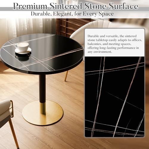 31.5'' Tulip Table, Round Dining Table with Sintered Stone Tabletop | Black Aluminum Alloy Edge & Gold Pedestal, Bistro Table for Dining Room/Café/Small Spaces/Restaurant (Black Gold Vein) - color: Black Gold Vein (Black Edge), size: Round