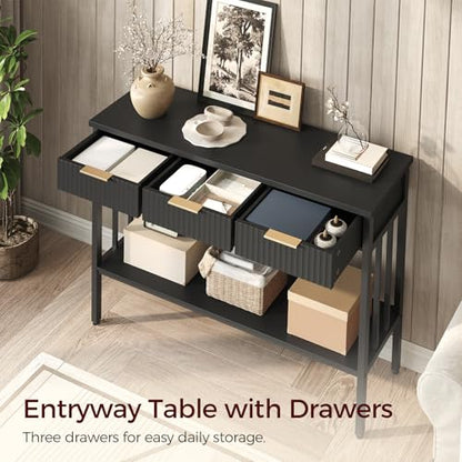 MAHANCRIS 47.2" Console Table with 3 Drawers, Fluted Black Entryway Table | Narrow Long Entry Table with Storage Shelf, Sofa Table for Entryway, Living Room, Foyer, Hallway, Office, Black Gold CTHB5201 - size: 11.8"D x 47.3"W x 32.3"H