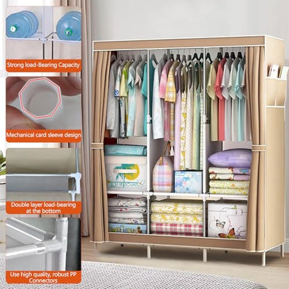 Portable Closet Wardrobe, Clothes Rail with Non-Woven Fabric Cover & 3 Hanging Rods and 6 Shelves, Clothes Storage Organizer, 16mm Diameter Steel Pipe for Bedroom and Living Room