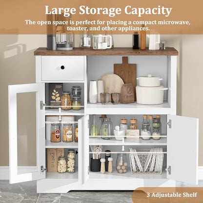 GarveeHome Kitchen Microwave Cabinet with Storage and Drawers, White | Modern Small Buffet Cabinet, Glass Doors, Adjustable Shelf, Wooden Sideboard, Wide Top, for Dining Room, Living Room - color: White