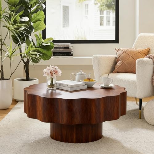 Modern Scalloped Coffee Table 31.5" Round Wood Center Table Wave-Shape Coffee Tea Tables with Pedestal Base for Living Room Apartment Small Space (Walnut) - color: Walnut