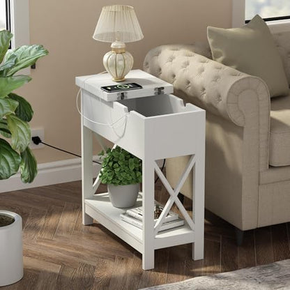 ChooChoo End Tables Living Room Set of 2, Side Table with Charging Station | Narrow Flip Top Side Table, Nightstand Sofa Table for Living Room, Bedroom, White - color: White