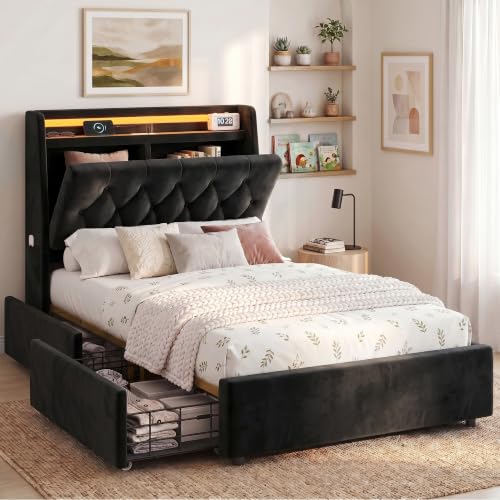 MapleGrace Twin Size Bed Frame with 2 Storage Drawers & Hidden Headboard | Black Velvet Upholstered Platform Bed with Charging Station & LED Lights, Wooden Slats Support, No Box Spring Needed - color: Black, size: Twin