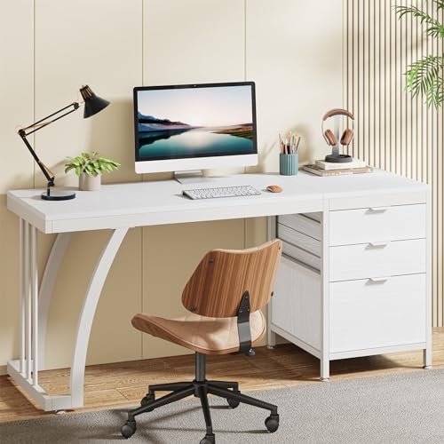 Tribesigns Computer Desk with 3 Drawers, 59-Inch PC Desk with Reversible Drawers, Industrial Study Writing Table Workstation with File Storage for Home Office, White - color: White