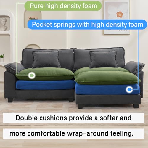 86" Modular Sectional Sofa, Comfy Deep Cloud Couch with Ottoman | L-Shaped Couches for Living Room, Modular Couch, Deep and Wide Seat, Velvet Sofa Sleeper with Throw Pillows, Blue Grey - color: Blue Gray, size: 86 Inch L