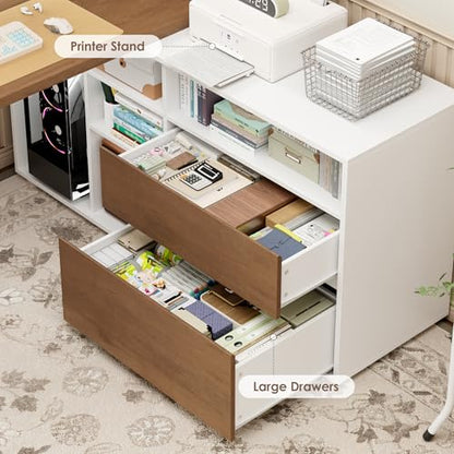 L Shaped Desk with 2 Drawers and 3 Shelves, 60" Reversible Corner Desk, Computer Desk with 10 Cubby Storage Organize, Home Office Executive Desk for Writing Study Work, White