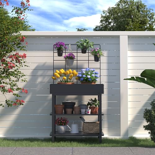 Metal Raised Garden Bed with Trellis & Legs | 2-tier shelf, 3 flower pots, 36" tall no-bend, rust-resistant, ideal for patio, balcony, vegetables, herbs & climbing plants