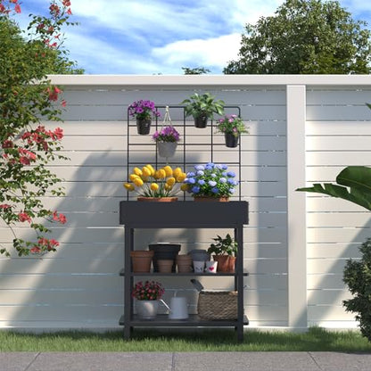 Metal Raised Garden Bed with Trellis & Legs | 2-tier shelf, 3 flower pots, 36" tall no-bend, rust-resistant, ideal for patio, balcony, vegetables, herbs & climbing plants
