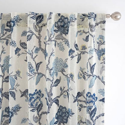 DriftAway Ada Floral Botanical Print Flower Leaf Lined Thermal Insulated Room Darkening Linen Blend 100% Blackout Back Tab Window Curtains 2 Layers Set of 2 Panels Each 52 Inch by 63 Inch Navy - color: Navy-back Tab, size: 52"W x 63"L (Pack of 2)