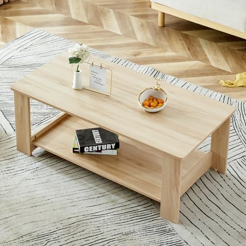 Modern White Coffee Table, Minimalist Rectangle Living Room Table,Wood and Metal Cocktail Coffee Table for Home Bedroom Office (Natural Wood, 43.3"*21.6"*16.5") - color: Natural Wood, size: 43.3"*21.6"*16.5"