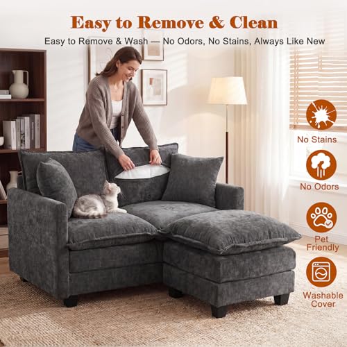 50'' L-Shape Loveseat Sofa with 22" Ottoman, 2 Seat Modern Cloud Couch with 2 Washable Pillows for Small Space Apartment Office Living Room Bedroom, Grey - color: Grey, size: 50"L