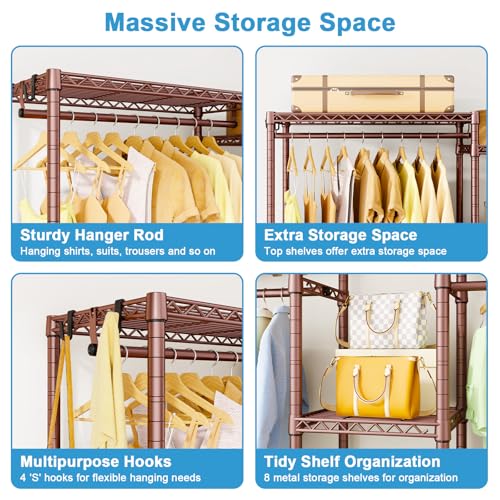 E4 Clothes Rack, Heavy-Duty Garment Rack Can Be L-Shaped Closet System | Bronze Metal Freestanding Clothing Organizer Storage System with Shelves and Hangers, Load 962lbs, 71.6"W x 14.5"D x 79.3"H - color: Bronze