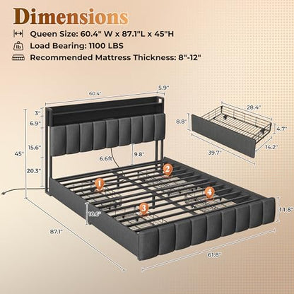 Bed Frame Queen Size with Upholstered Headboard & Charging Station, Queen Bed Frame with 4 Storage Drawers, 2-Tier Open Shelves, No Box Spring Needed, Slient Foam Strip, Easy Assembly, Grey - color: Grey, size: Queen