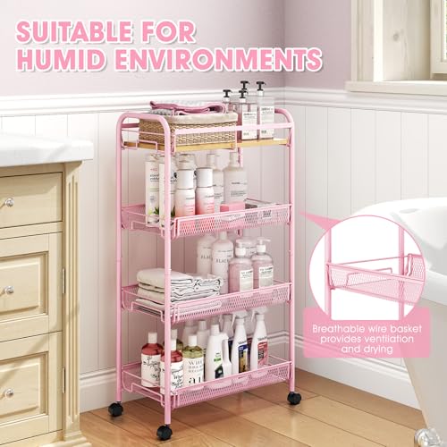 TOOLF 4-Tier Rolling Cart, Metal Utility Cart, Slide Out Storage Cart with Wooden Tabletop and Mesh Baskets, Easy Assemble Trolley for Kitchen Bathroom Laundry Room Bedroom Apartments Dormitory - size: Wide, style: Pink