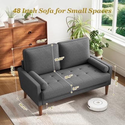 Vesgantti 48" Loveseat Sofa, Small Couch with Solid Wood Legs | Small Couch for Small Spaces, Mid Century Modern Loveseat, Easy Assembly Sofa for Living Room, Bedroom, Grey - color: Grey