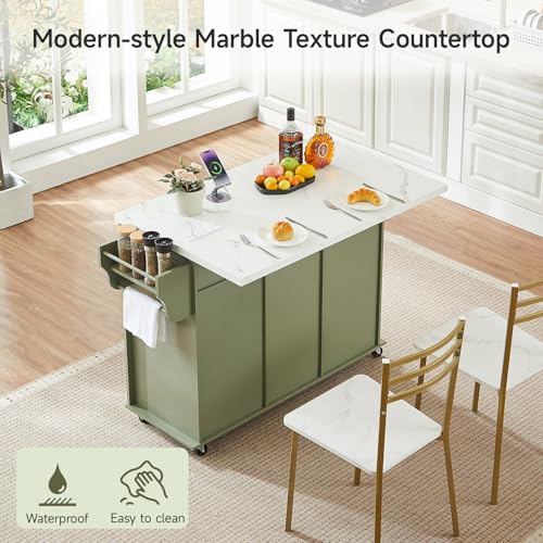47" Kitchen Island with 2 Storage Cabinets & 5 Drawers, Green | Mobile Island Table for Kitchen with Imitation Marble Drop Leaf, Rolling Island Cart with Power Outlet, Spice Rack - color: Green