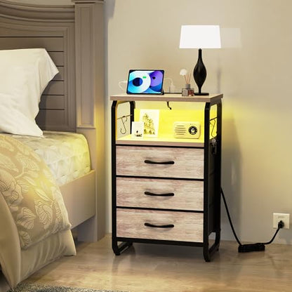 runjuly End Tables Set of 2 with Charging Station, LED Light, Hooks, Greige | 3 Large Fabric Drawers, USB C Ports & Power Outlets, Metal Night Stand Pair, Storage Nightstand for Living Room / Bedroom - color: Greige, style: Larger+Taller Set of 2